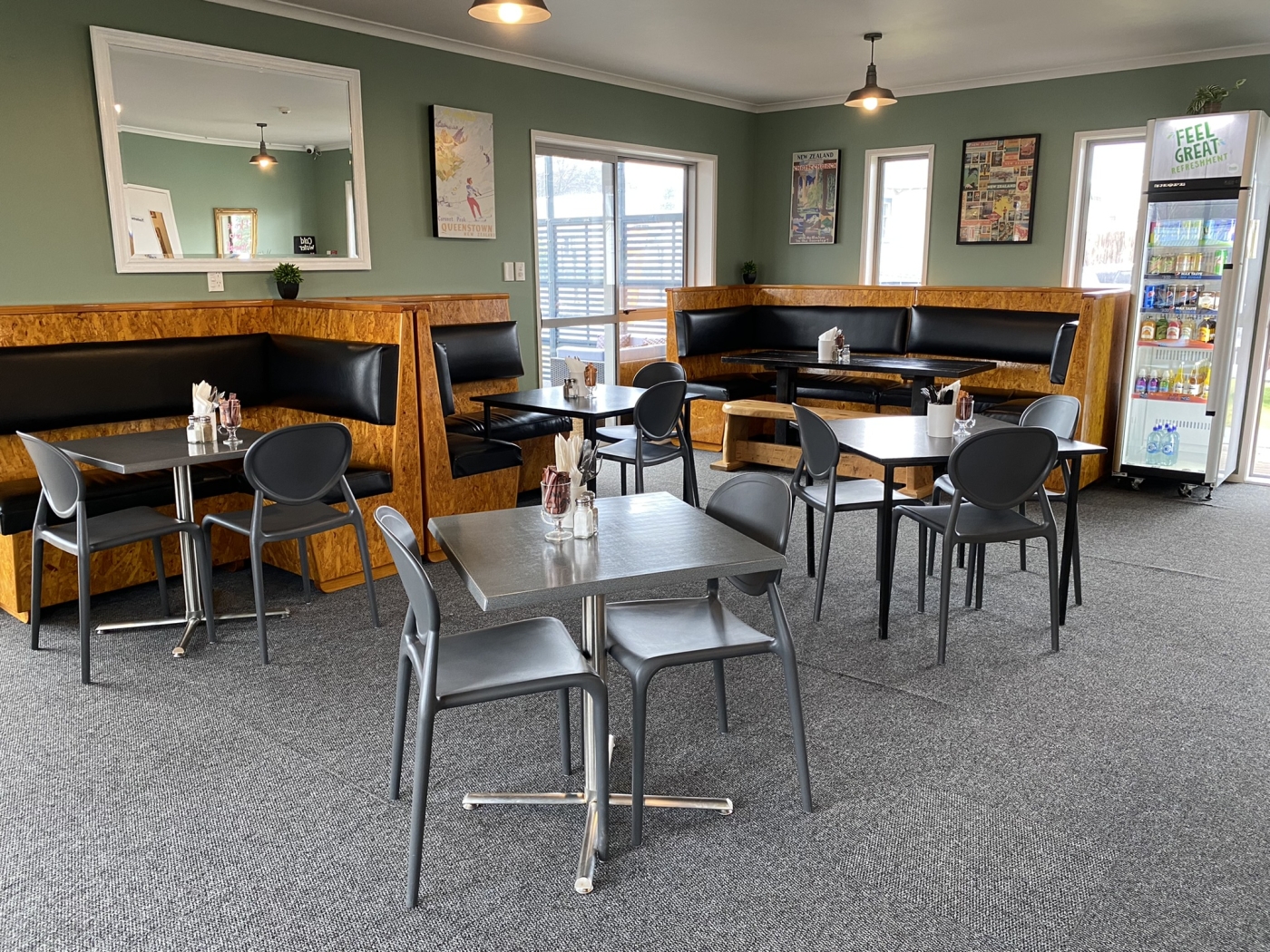 Interior seating area of LKNZ Cafe in Ohakune